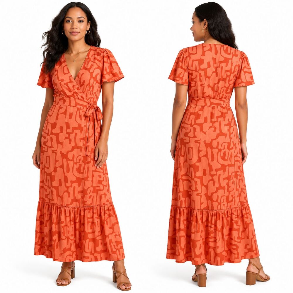 Lost + Wander Abstract Red Pink Print Faux Wrap Maxi Dress Linen Blend Small